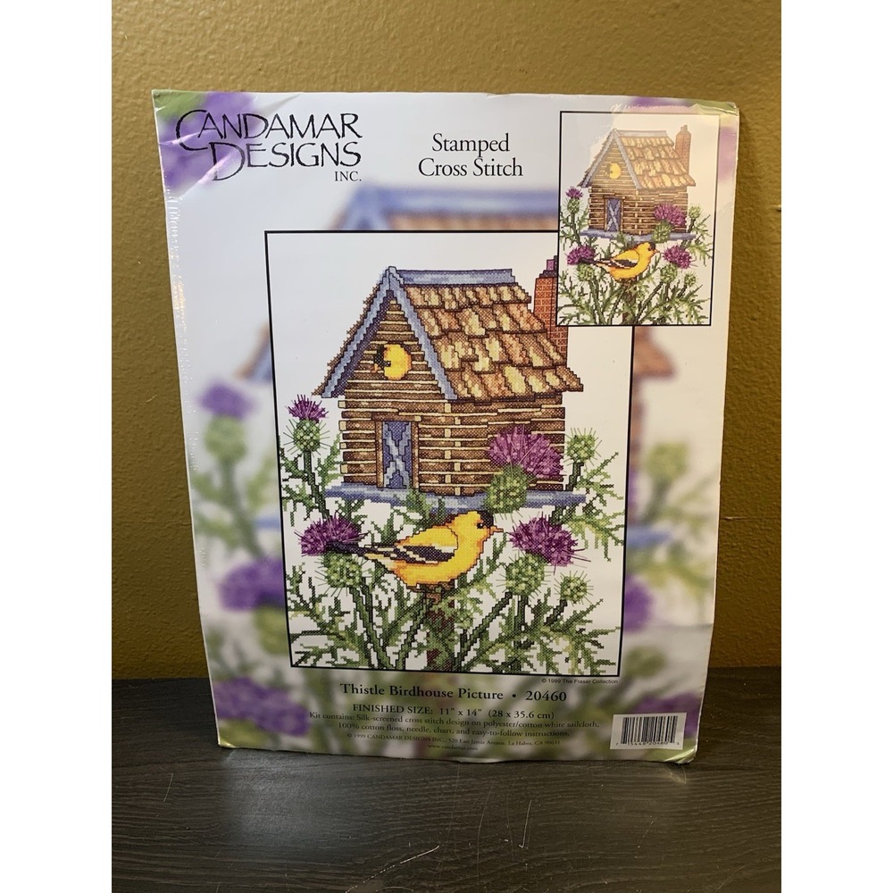 Candamar NIP Thistle Birdhouse 20460 Stamped Cross Stitch 11" X 14" Picture Kit